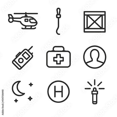 Infiltration Icon Set. Outline icon set of extraction mission infiltration: helicopter silhouette, rappel rope, extraction crate,