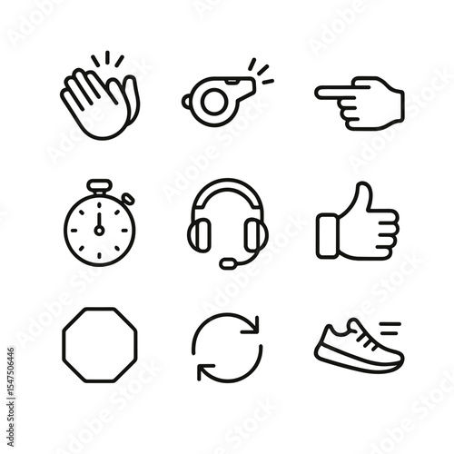 Instructor Cues Icons. Outline icon set of instructor cues: clap hands, whistle, pointing finger, timer icon, microphone headset,