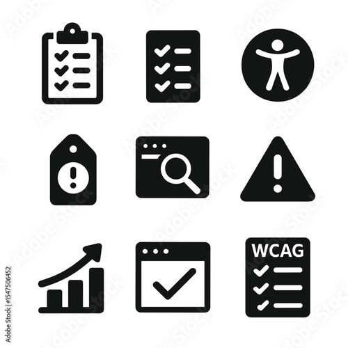 Compliance Icon Grid. Solid, filled icons set of website compliance checks: audit sheet, checklist icon,