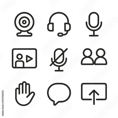Remote Meeting Icons. Outline icon set of remote meeting: webcam, headset, microphone, video screen, mute icon, participant