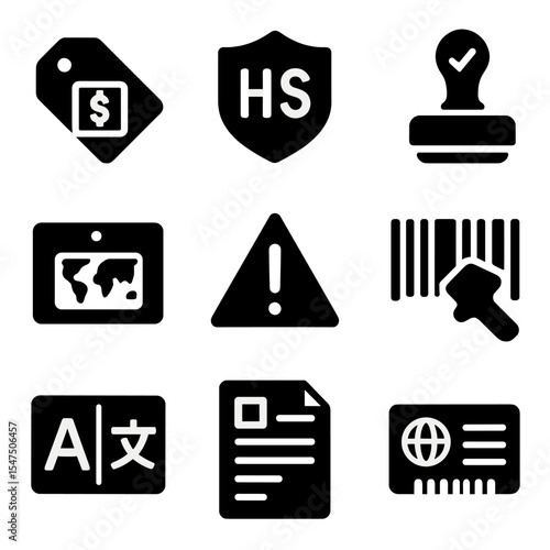 Compliance Label Icon Set. Solid, filled icons set of labeling and compliance for global delivery: customs tag