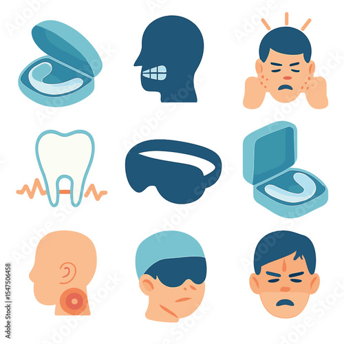 Bruxism Icon Set. Isometric Flat icon set of bruxism and clenching: night guard, grinding teeth silhouette, jaw clenching, stress
