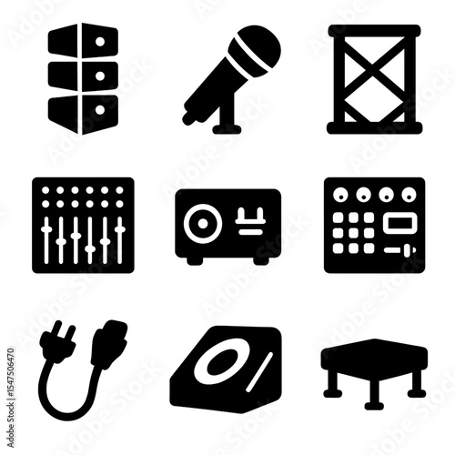 Concert Stage Equipment Icons. Solid, filled icons set of concert stage equipment: line array speaker, drum