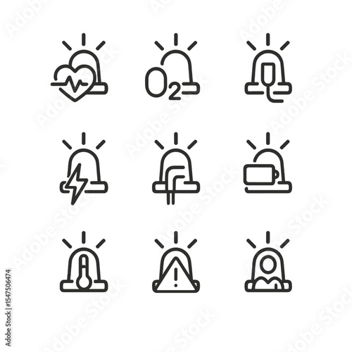 Medical Device Alarm Icons. Outline icon set of medical device alarm lights: heart rate anomaly, oxygen low, infusion pump