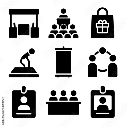 Conference Icons Grid. Solid, filled icons set of conference and expo visuals: booth setup, event hall, swag