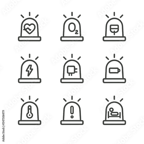 Medical Device Alarm Icons. Outline icon set of medical device alarm lights: heart rate anomaly, oxygen low, infusion pump