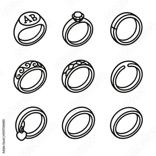 Ring Customization Icons. Outline icon set of ring customization options: engraved initials, birthstone accent, mixed-metal band,