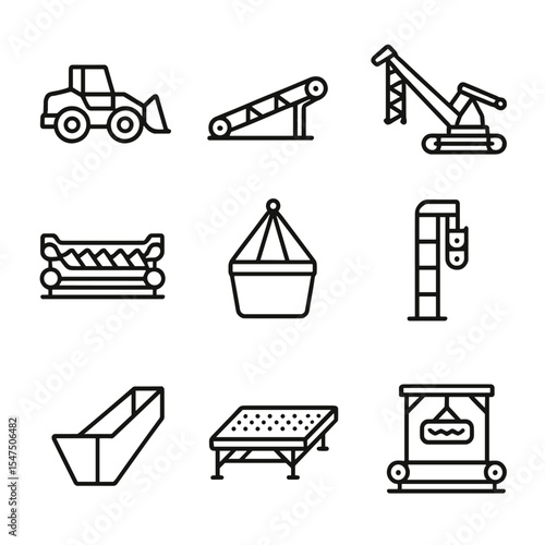 Bulk Equipment Icons. Outline icon set of bulk material handling equipment: front-end loader, conveyor system, stacker reclaimer,