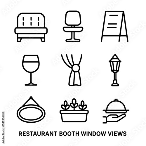 Restaurant Icon Set. Outline icon set of restaurant booth window views: booth bench, swivel chair, menu stand, wine glass, curtain