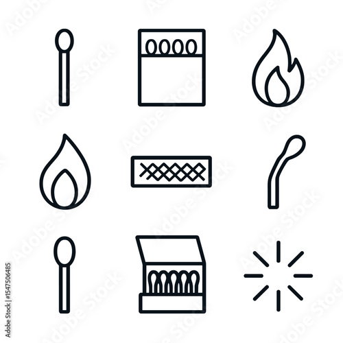Matchstick Icon Grid. Outline icon set of matchstick ignition set: matchstick, matchbox, flame, strike strip, burnt stub, safety