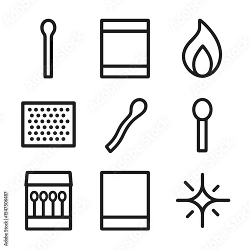 Matchstick Icon Grid. Outline icon set of matchstick ignition set: matchstick, matchbox, flame, strike strip, burnt stub, safety