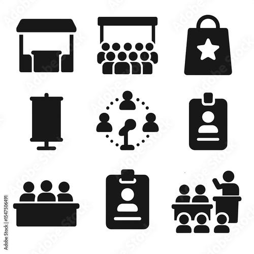 Conference Icons Grid. Solid, filled icons set of conference and expo visuals: booth setup, event hall, swag