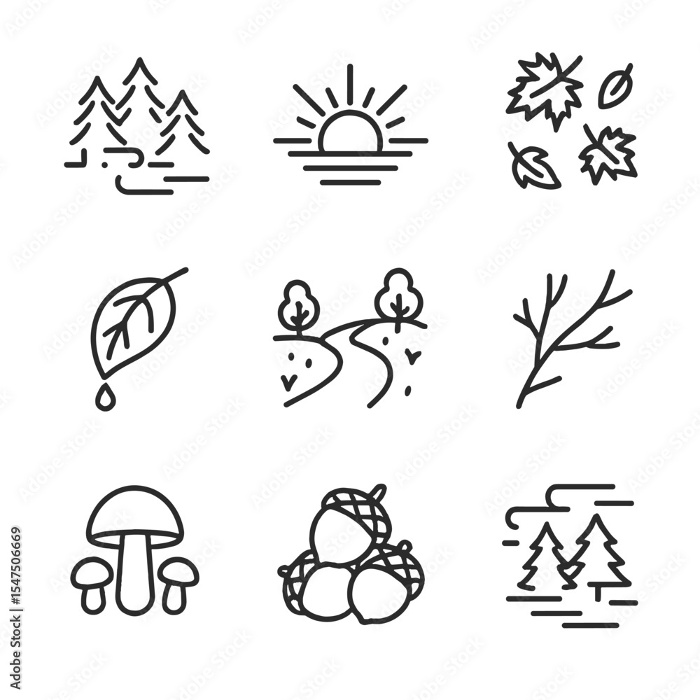 Fototapeta premium Seasonal Nature Icons. Outline icon set of seasonal scenery: misty trees, sunrise beam, falling leaves, forest path, dewdrop on