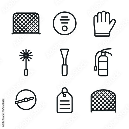 Safety Icons Grid. Outline icon set of safety and maintenance: fire screen, carbon detector, heat-resistant glove, chimney sweep