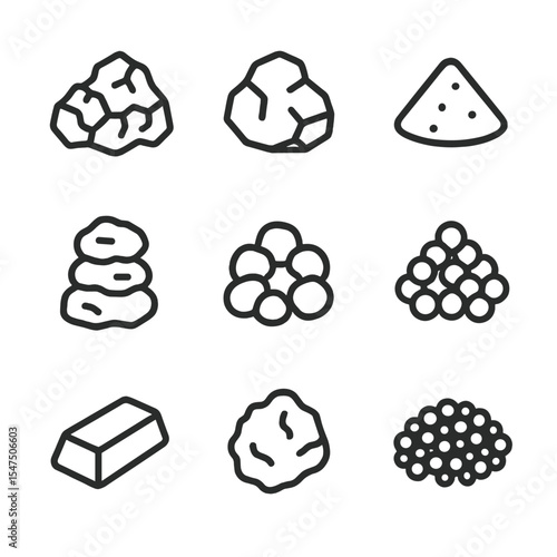 Metal Raw Materials Icons. Outline icon set of raw material metals: iron ore, bauxite, copper concentrate, nickel matte, zinc
