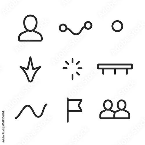 Journey Mapping Icons. Outline icon set of journey mapping: user persona silhouette, journey path line, touchpoint dot, pain point