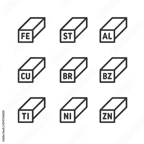 Metal Icon Set. Outline icon set of metal types: iron, steel, aluminum, copper, brass, bronze, titanium, nickel, zinc. Line icons