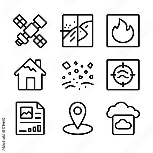 Satellite Damage Assessment Icons. Outline icon set of satellite damage assessment: satellite with camera, before/after overlay,