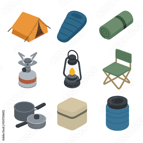 Isometric Camping Gear Icons. Isometric Flat icon set of campsite and overnight gear: tent, sleeping bag, sleeping pad, camp stove