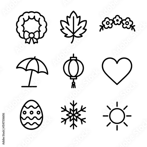 Seasonal Fair Icon Set. Outline icon set of seasonal and themed fairs: holiday wreath, autumn leaf, floral garland, beach umbrella
