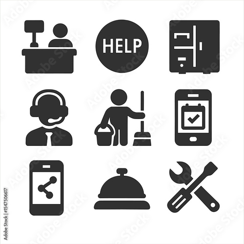 Coworking and Autumn Icons. Solid, filled icons set of coworking support services: front desk, help button,