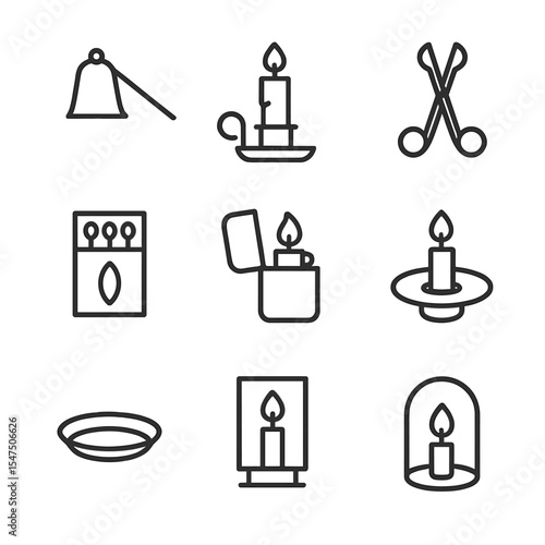 Candle Accessory Icons. Outline icon set of candle accessories: candle snuffer, candle holder, wick trimmer, matchbox, lighter,