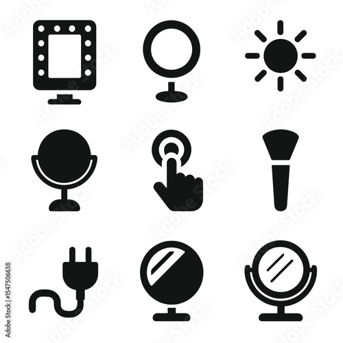Cosmetic Mirror Icons. Solid, filled icons set of cosmetic mirror with lights: vanity mirror, LED ring,