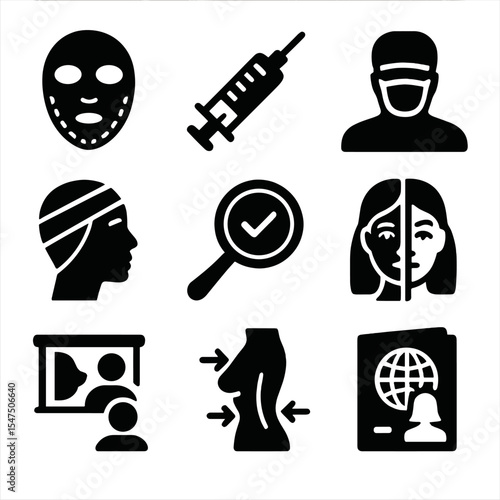 Cosmetic Surgery Icons. Solid, filled icons set of cosmetic surgery tourism: face mask, syringe tool, surgeon