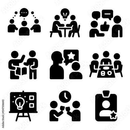 Coworking Icons Grid. Solid, filled icons set of coworking community elements: networking event, collaboration