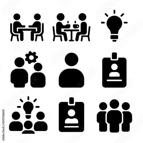 Coworking Icons Grid. Solid, filled icons set of coworking and collaboration: shared desk, coffee meetup, idea