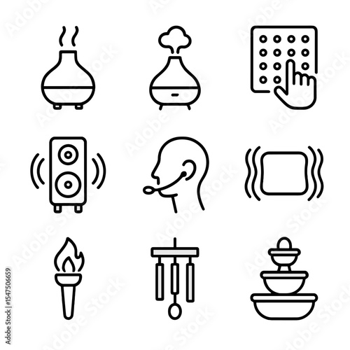 Sensory Immersion Icons. Outline icon set of sensory immersion elements: scent diffuser, mist machine, tactile panel, surround
