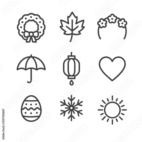 Seasonal Fair Icon Set. Outline icon set of seasonal and themed fairs: holiday wreath, autumn leaf, floral garland, beach umbrella