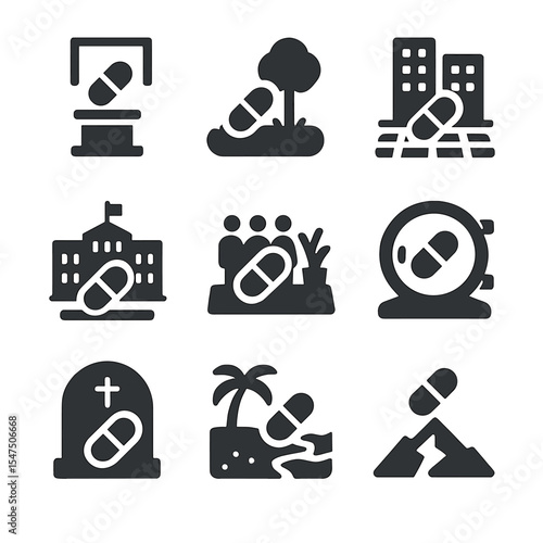 Icons of Capsule Sites. Solid, Filled icon set of capsule placement contexts: museum display, park ground, city plaza, school yard