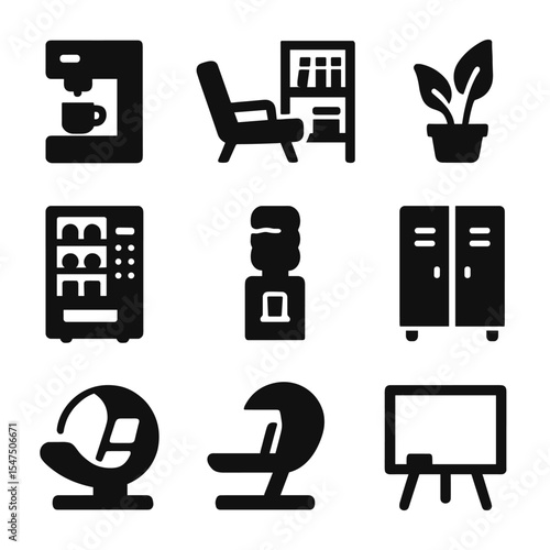 Coworking Space Icons. Solid, filled icons set of coworking amenities: coffee machine, lounge chair, bookshelf