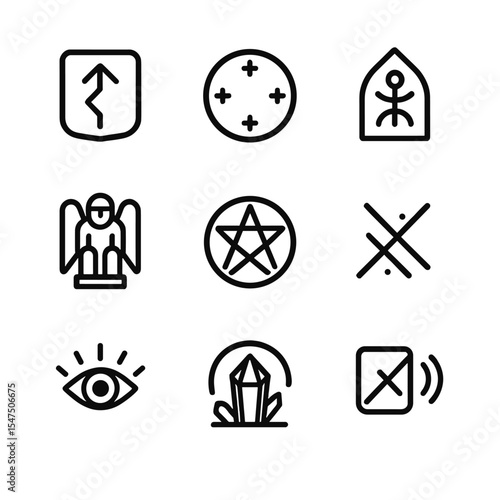 Library Protection Icons. Outline icon set of library protection wards: barrier rune, warding circle, protective sigil, guardian