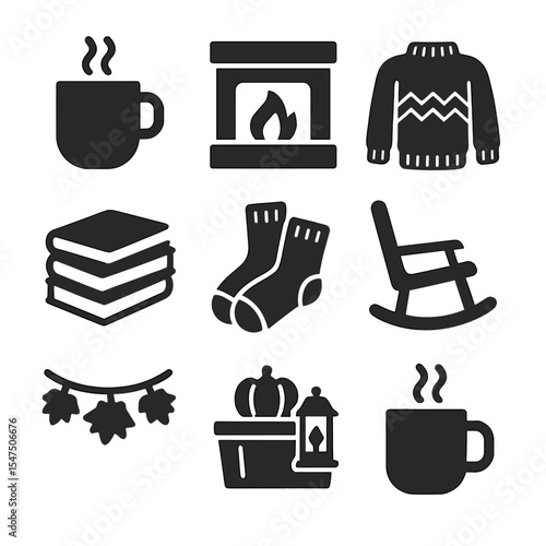 Cozy Autumn Icons. Solid, filled icons set of cozy autumn moments: hot drink, fireplace icon, knit sweater,
