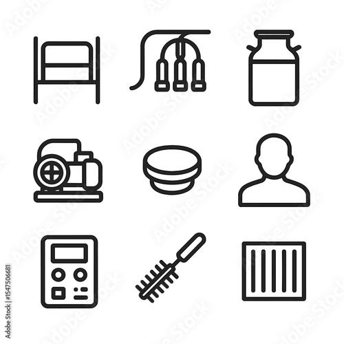 Milking Station Icons. Outline icon set of milking station setup: milking stall, pipeline, milk can, vacuum pump, sealing cap,