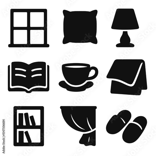 Cozy Reading Nook Icons. Solid, filled icons set of a cozy reading nook by the window with soft lighting: