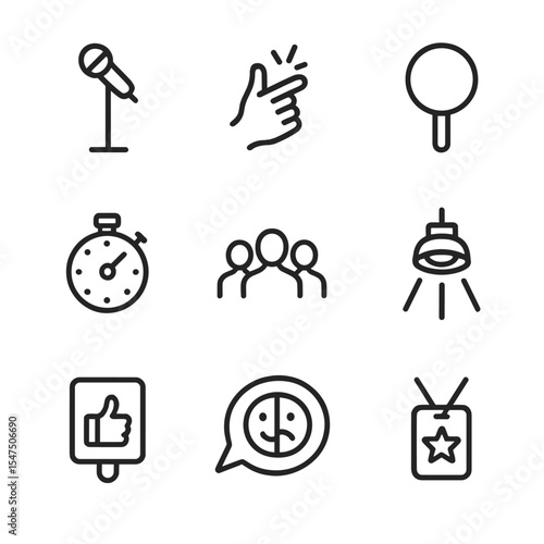 Slam Poetry Icons. Outline icon set of slam poetry elements: microphone stand, snapping fingers, judge’s paddle, timer clock,
