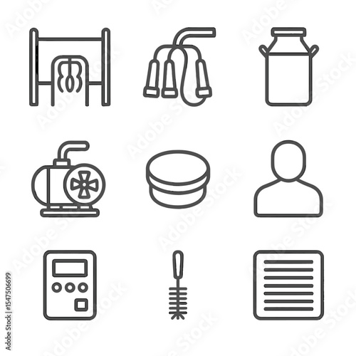 Milking Station Icons. Outline icon set of milking station setup: milking stall, pipeline, milk can, vacuum pump, sealing cap,