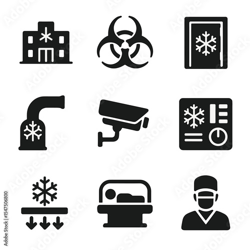 Cryogenic Research Icons. Solid, filled icons set of cryogenic research facilities: lab building, biohazard