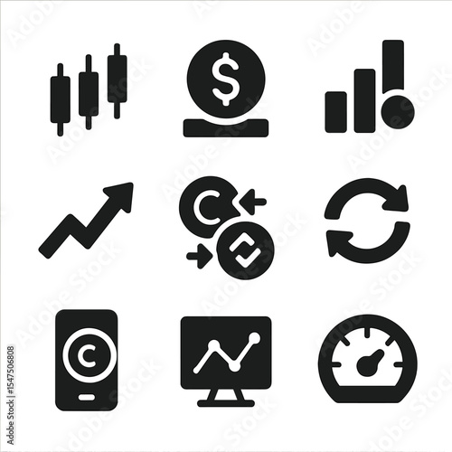 Crypto Analytics Icons. Solid, filled icons set of crypto market and analytics: candlestick chart, market cap