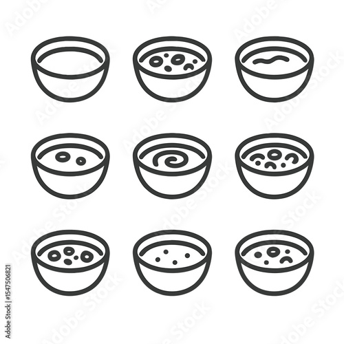 Soup Texture Icons. Outline icon set of soup textures: smooth puree, chunky vegetable, creamy bisque, clear broth, velouté swirl,