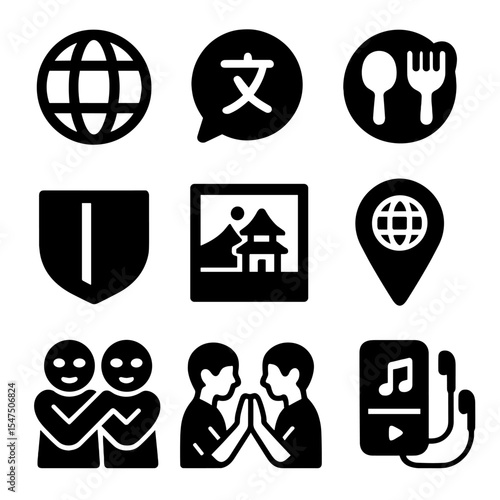 Cross-Cultural Icons Set. Solid, filled icons set of cross-cultural team bonding: world globe, language bubble