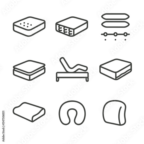 Mattress Icon Set. Outline icon set of mattress and pillow selection: memory foam mattress, spring mattress, pillow firmness scale