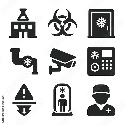 Cryogenic Research Icons. Solid, filled icons set of cryogenic research facilities: lab building, biohazard