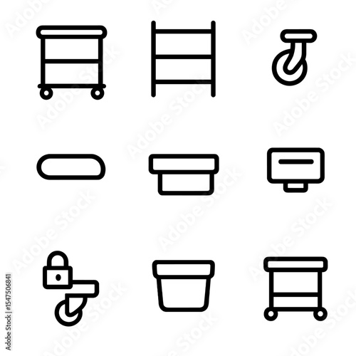 Mobile Shoe Cart Icons. Outline icon set of mobile shoe carts: rolling cart, stackable shelf, swivel caster, handle grip, pull-out
