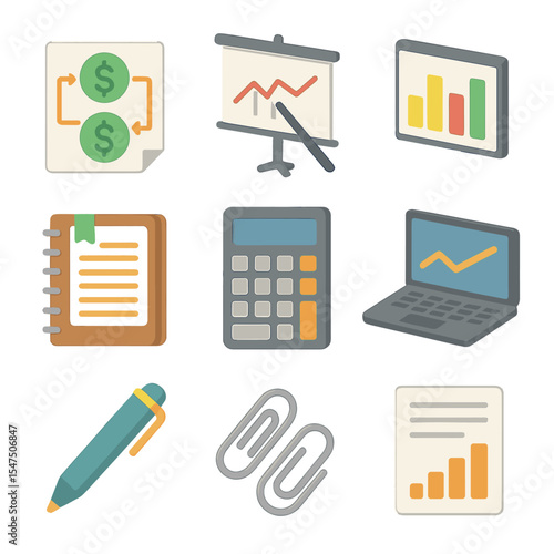 Cash Flow Tools. Isometric Flat icon set of cash flow analysis desk: cash flow diagram, bar chart, calculator, ledger, pen, laptop
