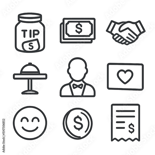 Cash Tips Icons. Outline icon set of cash stack tips and gratuities: tip jar, dollar bills, handshake, restaurant table, server