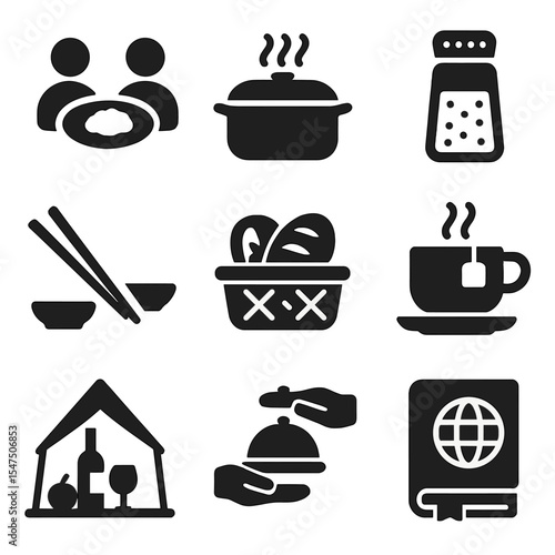 Cultural Connection Icons. Solid, filled icons set of food as cultural connection: shared plate, cooking pot,